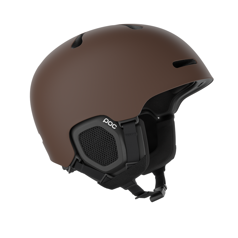 Side view of a brown POC Fornix MIPS Ski Helmet featuring an in-mold PC shell, molded aramid bridge panels, top sliding ventilation vents, front goggle chimneys, and a 360° fit adjustment dial.
