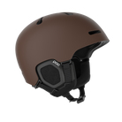 Side view of a brown POC Fornix MIPS Ski Helmet featuring an in-mold PC shell, molded aramid bridge panels, top sliding ventilation vents, front goggle chimneys, and a 360° fit adjustment dial.