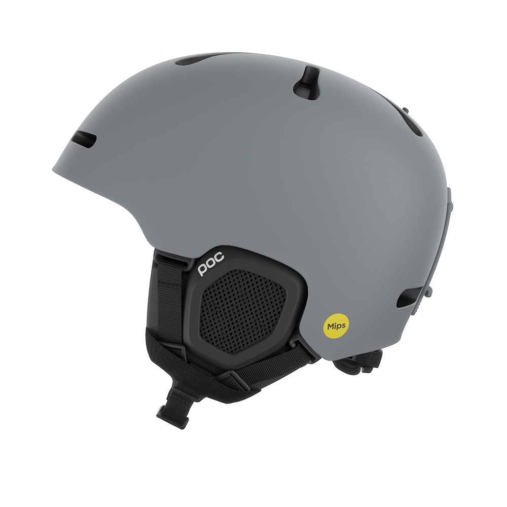 Side view of a grey POC Fornix MIPS Ski Helmet featuring an in-mold PC shell, molded aramid bridge panels, top sliding ventilation vents, front goggle chimneys, and a 360° fit adjustment dial.