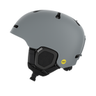 Side view of a grey POC Fornix MIPS Ski Helmet featuring an in-mold PC shell, molded aramid bridge panels, top sliding ventilation vents, front goggle chimneys, and a 360° fit adjustment dial.