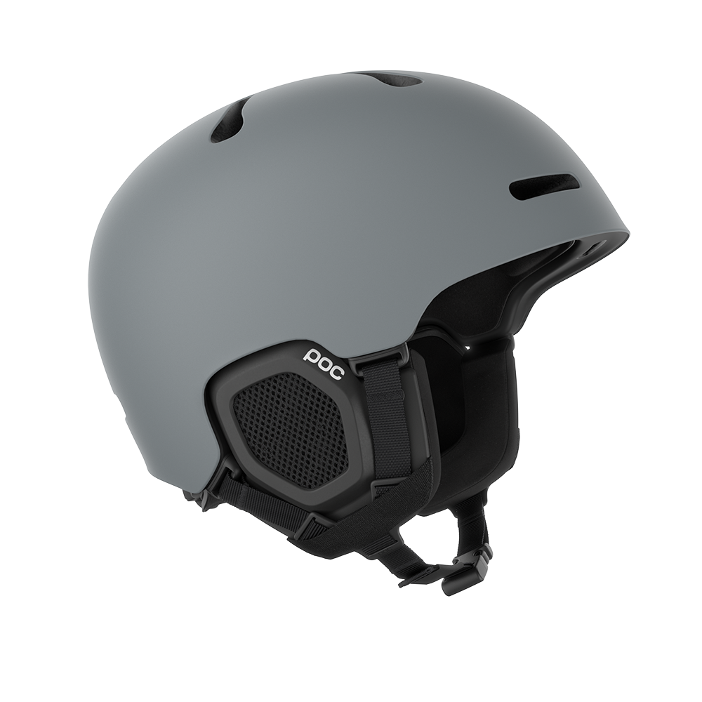 Side view of a grey POC Fornix MIPS Ski Helmet featuring an in-mold PC shell, molded aramid bridge panels, top sliding ventilation vents, front goggle chimneys, and a 360° fit adjustment dial.