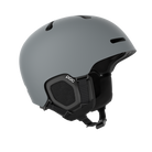 Side view of a grey POC Fornix MIPS Ski Helmet featuring an in-mold PC shell, molded aramid bridge panels, top sliding ventilation vents, front goggle chimneys, and a 360° fit adjustment dial.
