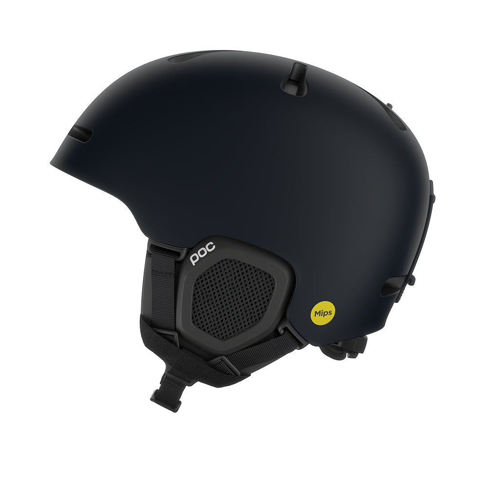 Side view of a navy POC Fornix MIPS Ski Helmet featuring an in-mold PC shell, molded aramid bridge panels, top sliding ventilation vents, front goggle chimneys, and a 360° fit adjustment dial.