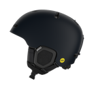 Side view of a navy POC Fornix MIPS Ski Helmet featuring an in-mold PC shell, molded aramid bridge panels, top sliding ventilation vents, front goggle chimneys, and a 360° fit adjustment dial.
