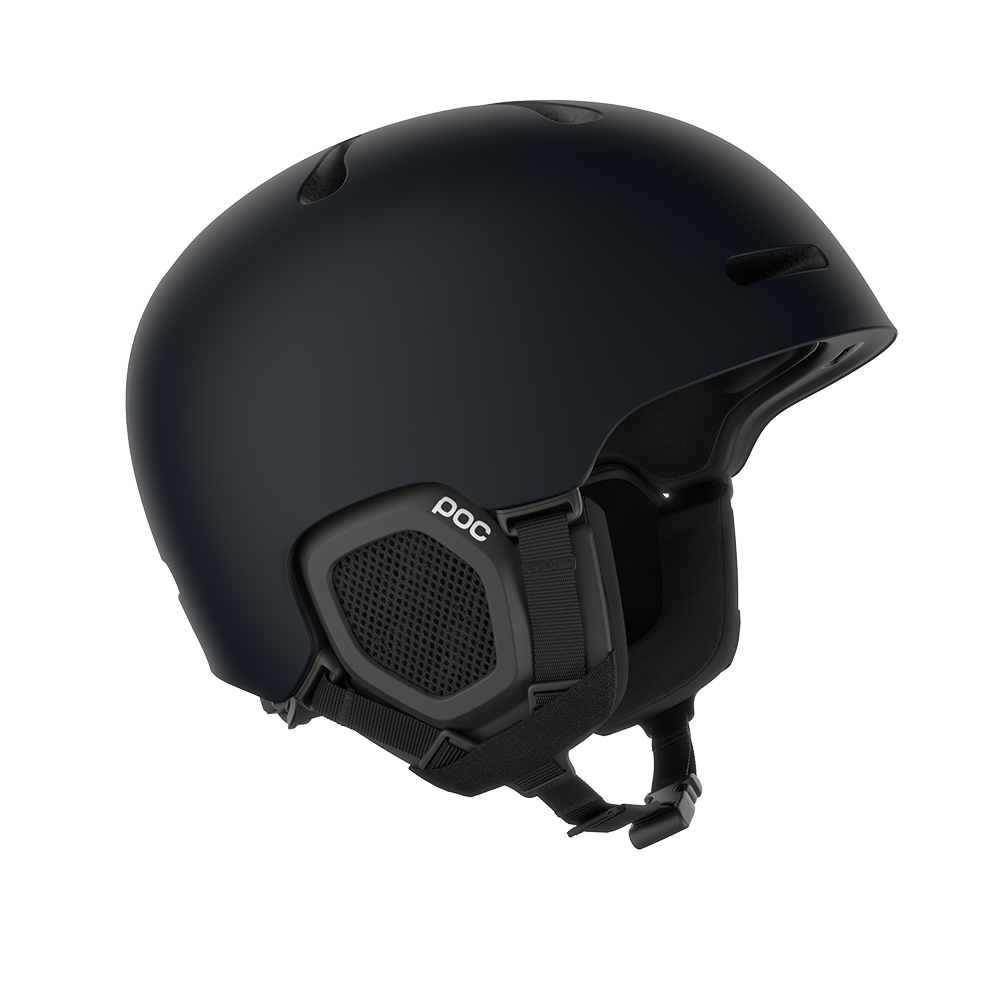 Side view of a navy POC Fornix MIPS Ski Helmet featuring an in-mold PC shell, molded aramid bridge panels, top sliding ventilation vents, front goggle chimneys, and a 360° fit adjustment dial.