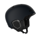 Side view of a navy POC Fornix MIPS Ski Helmet featuring an in-mold PC shell, molded aramid bridge panels, top sliding ventilation vents, front goggle chimneys, and a 360° fit adjustment dial.