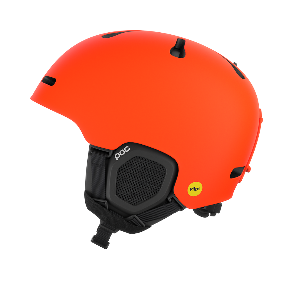 Side view of an orange POC Fornix MIPS Ski Helmet featuring an in-mold PC shell, molded aramid bridge panels, top sliding ventilation vents, front goggle chimneys, and a 360° fit adjustment dial.