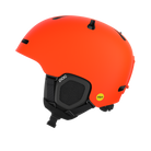 Side view of an orange POC Fornix MIPS Ski Helmet featuring an in-mold PC shell, molded aramid bridge panels, top sliding ventilation vents, front goggle chimneys, and a 360° fit adjustment dial.