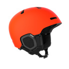 Side view of an orange POC Fornix MIPS Ski Helmet featuring an in-mold PC shell, molded aramid bridge panels, top sliding ventilation vents, front goggle chimneys, and a 360° fit adjustment dial.