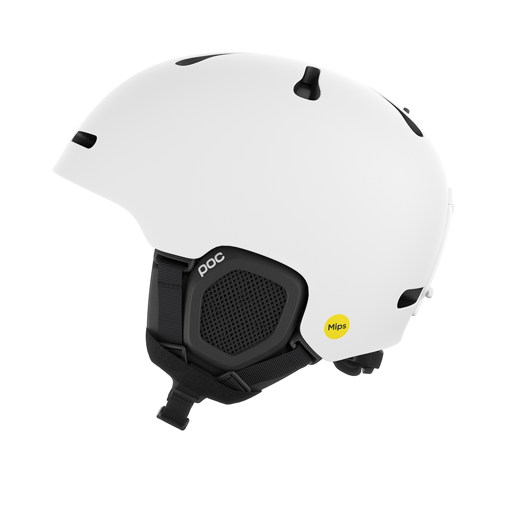 Side view of a white POC Fornix MIPS Ski Helmet featuring an in-mold PC shell, molded aramid bridge panels, top sliding ventilation vents, front goggle chimneys, and a 360° fit adjustment dial.