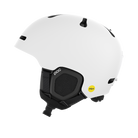 Side view of a white POC Fornix MIPS Ski Helmet featuring an in-mold PC shell, molded aramid bridge panels, top sliding ventilation vents, front goggle chimneys, and a 360° fit adjustment dial.
