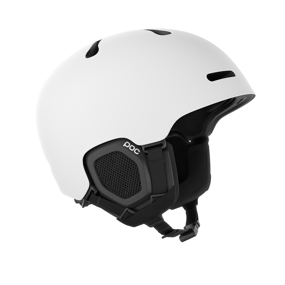 Side view of a white POC Fornix MIPS Ski Helmet featuring an in-mold PC shell, molded aramid bridge panels, top sliding ventilation vents, front goggle chimneys, and a 360° fit adjustment dial.