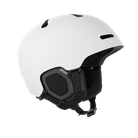 Side view of a white POC Fornix MIPS Ski Helmet featuring an in-mold PC shell, molded aramid bridge panels, top sliding ventilation vents, front goggle chimneys, and a 360° fit adjustment dial.