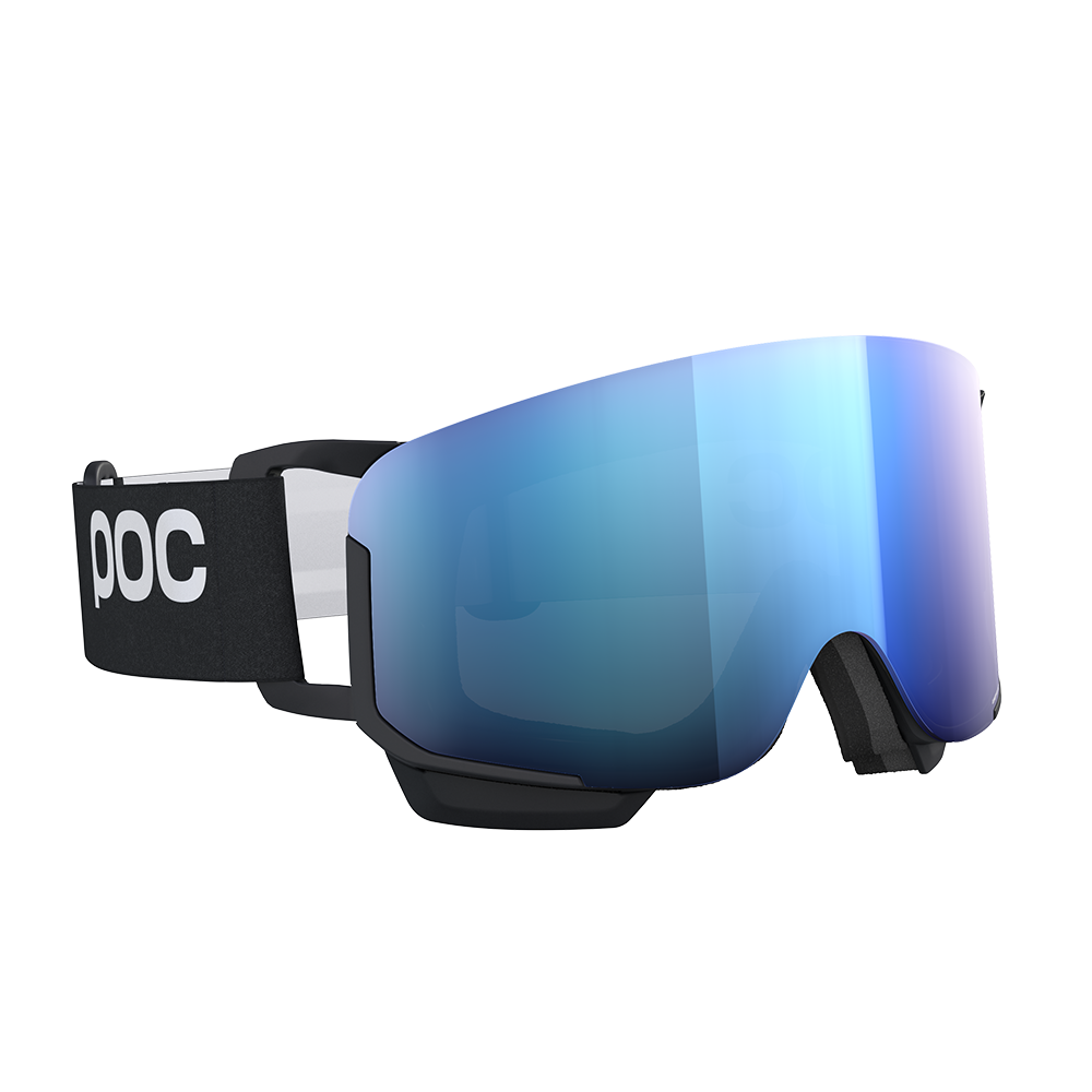 Black POC Nexal Mid ski goggles with a large blue mirrored lens and features an interchangeable lens system.