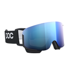 Black POC Nexal Mid ski goggles with a large blue mirrored lens and features an interchangeable lens system.