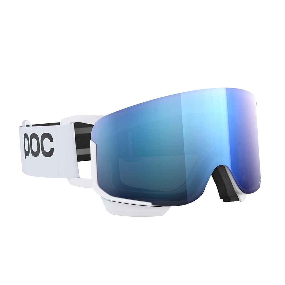 White POC Nexal Mid ski goggles with a large blue mirrored lens and features an interchangeable lens system.