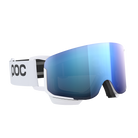 White POC Nexal Mid ski goggles with a large blue mirrored lens and features an interchangeable lens system.
