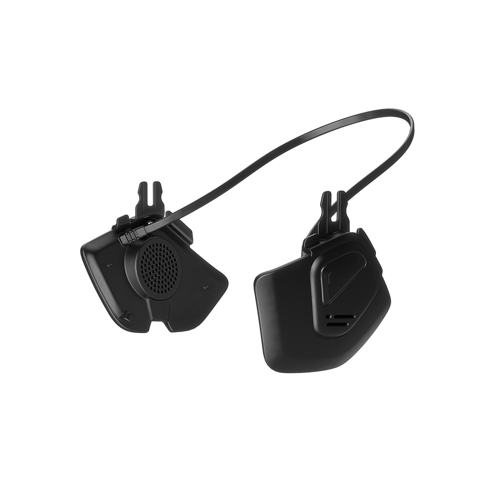Side view of the POC Obex Connect Headset featuring integrated audio speaker ear pads, a glove-friendly tactile control unit, and a cold-weather resistant 3.5mm connection cable.