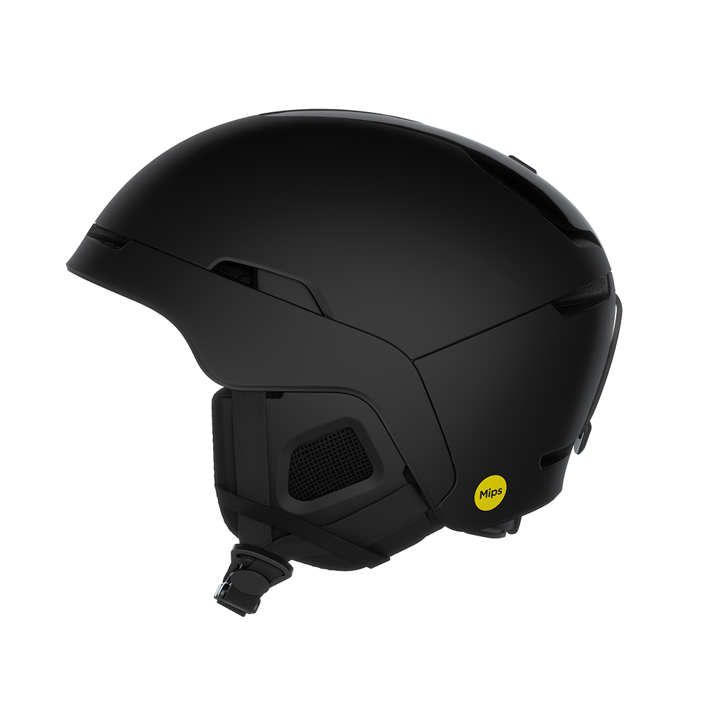 Side view of a black POC Obex MIPS Ski Helmet featuring a hybrid PC/ABS construction, sliding top ventilation vents, and a 360° fit adjustment dial.