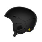 Side view of a black POC Obex MIPS Ski Helmet featuring a hybrid PC/ABS construction, sliding top ventilation vents, and a 360° fit adjustment dial.