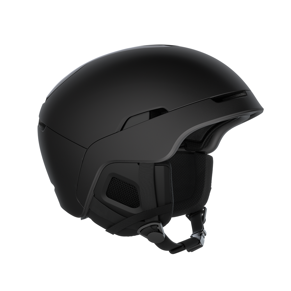 Side view of a black POC Obex MIPS Ski Helmet featuring a hybrid PC/ABS construction, sliding top ventilation vents, and a 360° fit adjustment dial.