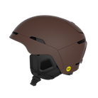 Side view of a brown POC Obex MIPS Ski Helmet featuring a hybrid PC/ABS construction, sliding top ventilation vents, and a 360° fit adjustment dial.