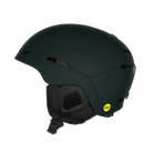 Side view of a green POC Obex MIPS Ski Helmet featuring a hybrid PC/ABS construction, sliding top ventilation vents, and a 360° fit adjustment dial.