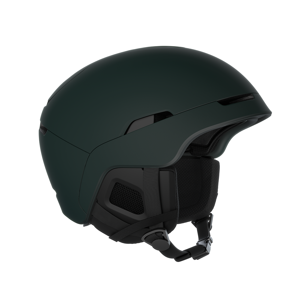 Side view of a green POC Obex MIPS Ski Helmet featuring a hybrid PC/ABS construction, sliding top ventilation vents, and a 360° fit adjustment dial.