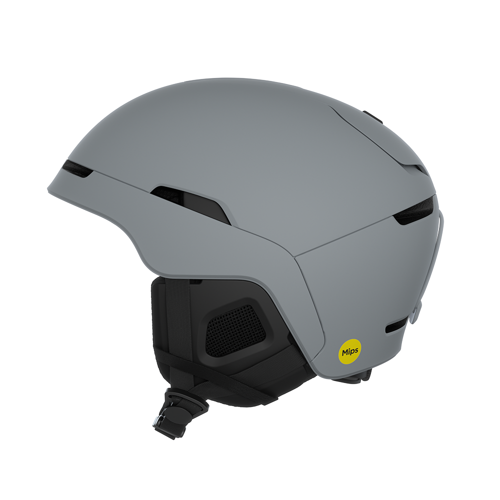 Side view of a grey POC Obex MIPS Ski Helmet featuring a hybrid PC/ABS construction, sliding top ventilation vents, and a 360° fit adjustment dial.