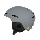 Side view of a grey POC Obex MIPS Ski Helmet featuring a hybrid PC/ABS construction, sliding top ventilation vents, and a 360° fit adjustment dial.