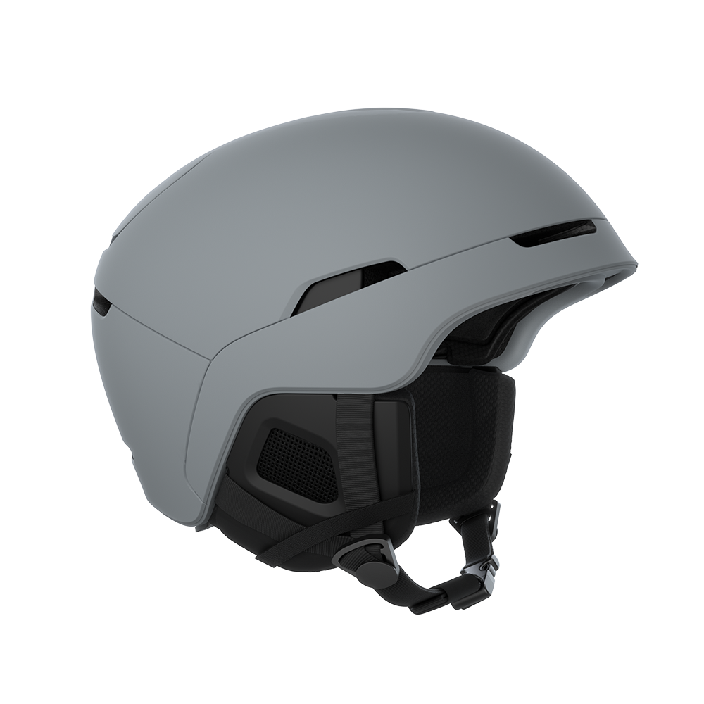Side view of a grey POC Obex MIPS Ski Helmet featuring a hybrid PC/ABS construction, sliding top ventilation vents, and a 360° fit adjustment dial.