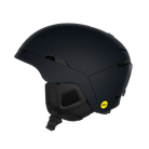 Side view of a navy POC Obex MIPS Ski Helmet featuring a hybrid PC/ABS construction, sliding top ventilation vents, and a 360° fit adjustment dial.