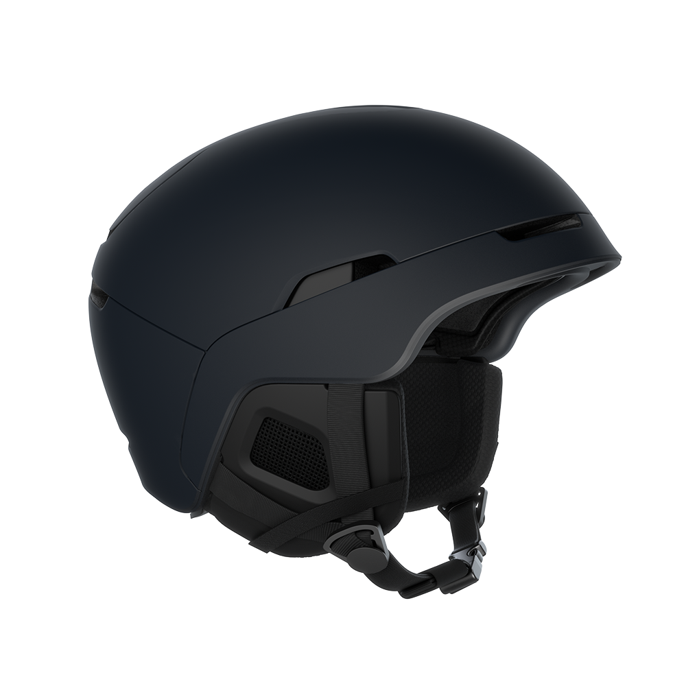Side view of a navy POC Obex MIPS Ski Helmet featuring a hybrid PC/ABS construction, sliding top ventilation vents, and a 360° fit adjustment dial.
