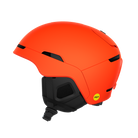 Side view of an orange POC Obex MIPS Ski Helmet featuring a hybrid PC/ABS construction, sliding top ventilation vents, and a 360° fit adjustment dial.