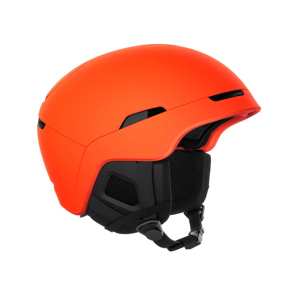 Side view of an orange POC Obex MIPS Ski Helmet featuring a hybrid PC/ABS construction, sliding top ventilation vents, and a 360° fit adjustment dial.