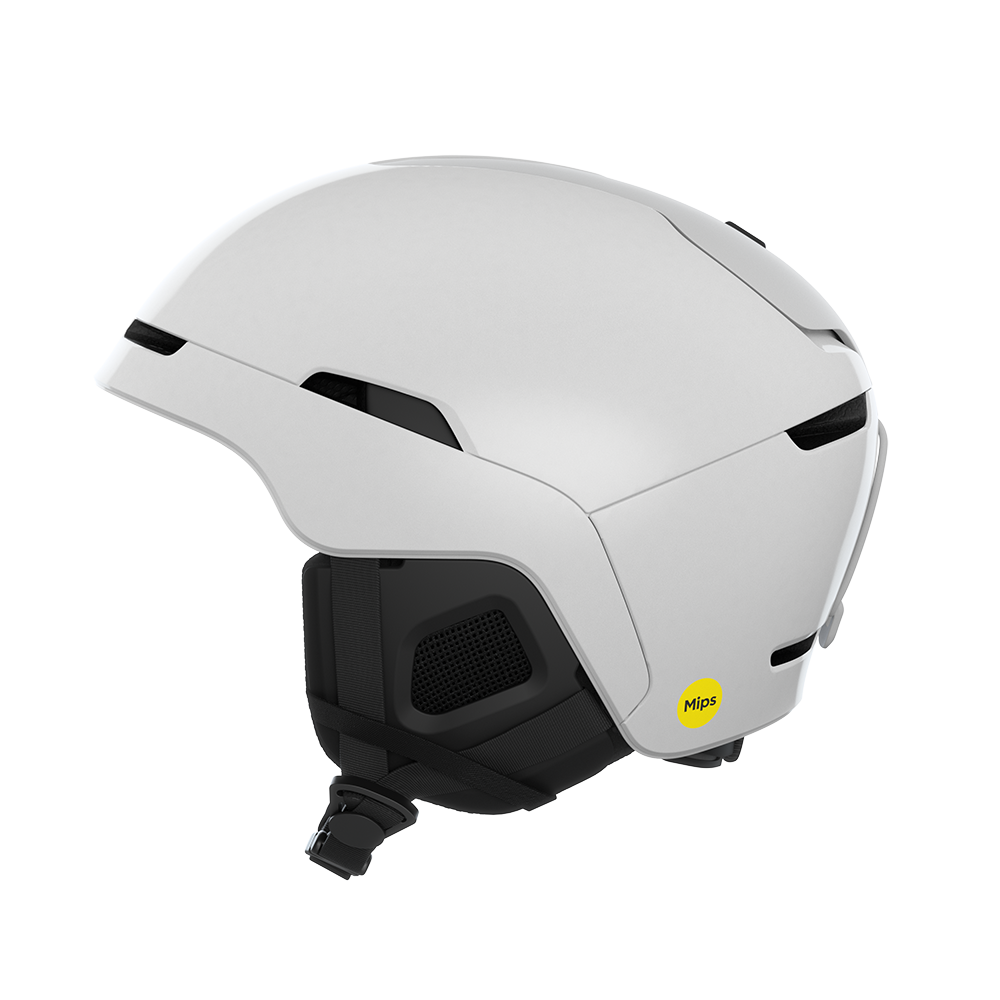 Side view of a white POC Obex MIPS Ski Helmet featuring a hybrid PC/ABS construction, sliding top ventilation vents, and a 360° fit adjustment dial.
