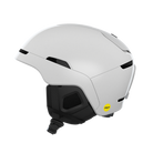 Side view of a white POC Obex MIPS Ski Helmet featuring a hybrid PC/ABS construction, sliding top ventilation vents, and a 360° fit adjustment dial.