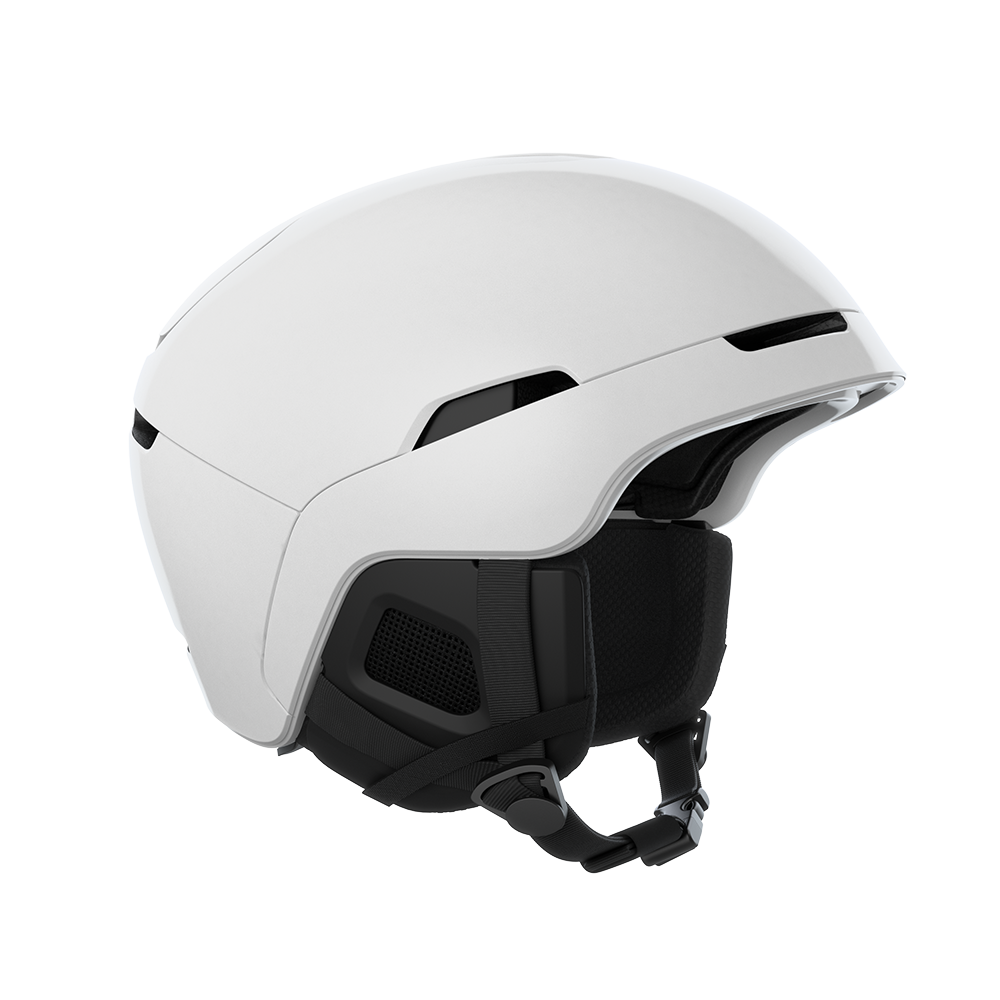 Side view of a white POC Obex MIPS Ski Helmet featuring a hybrid PC/ABS construction, sliding top ventilation vents, and a 360° fit adjustment dial.