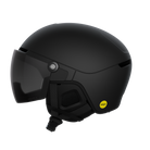 Side view of a black 2027 POC Obex Visor Ski Helmet featuring an in-mold ABS/EPS shell, integrated frameless Clarity visor lens, adjustable sliding ventilation vents, and a 360° fit system dial.
