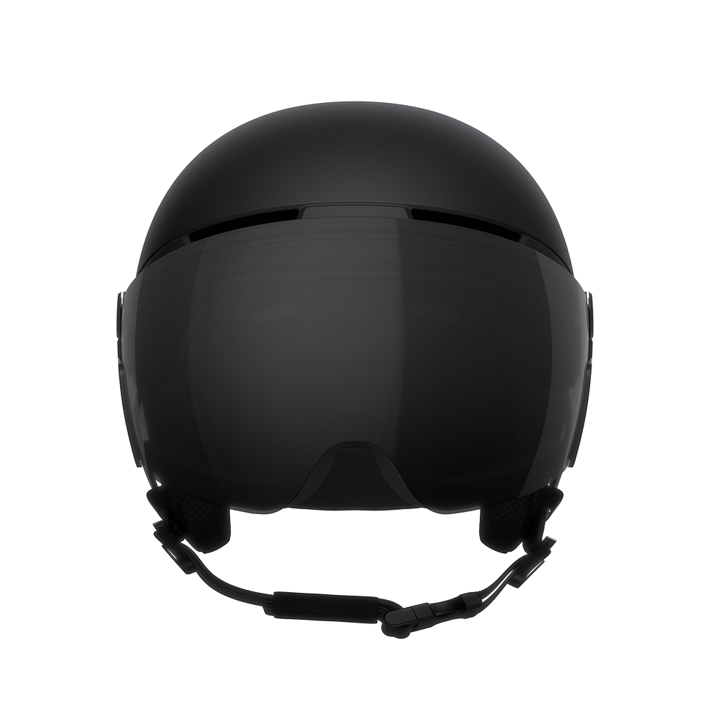 Front view of a black 2027 POC Obex Visor Ski Helmet featuring an in-mold ABS/EPS shell, integrated frameless Clarity visor lens, adjustable sliding ventilation vents, and a 360° fit system dial.