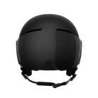 Front view of a black 2027 POC Obex Visor Ski Helmet featuring an in-mold ABS/EPS shell, integrated frameless Clarity visor lens, adjustable sliding ventilation vents, and a 360° fit system dial.