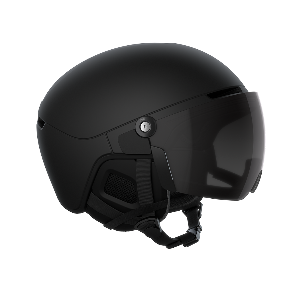 Side view of a black 2027 POC Obex Visor Ski Helmet featuring an in-mold ABS/EPS shell, integrated frameless Clarity visor lens, adjustable sliding ventilation vents, and a 360° fit system dial.