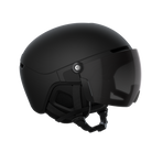 Side view of a black 2027 POC Obex Visor Ski Helmet featuring an in-mold ABS/EPS shell, integrated frameless Clarity visor lens, adjustable sliding ventilation vents, and a 360° fit system dial.