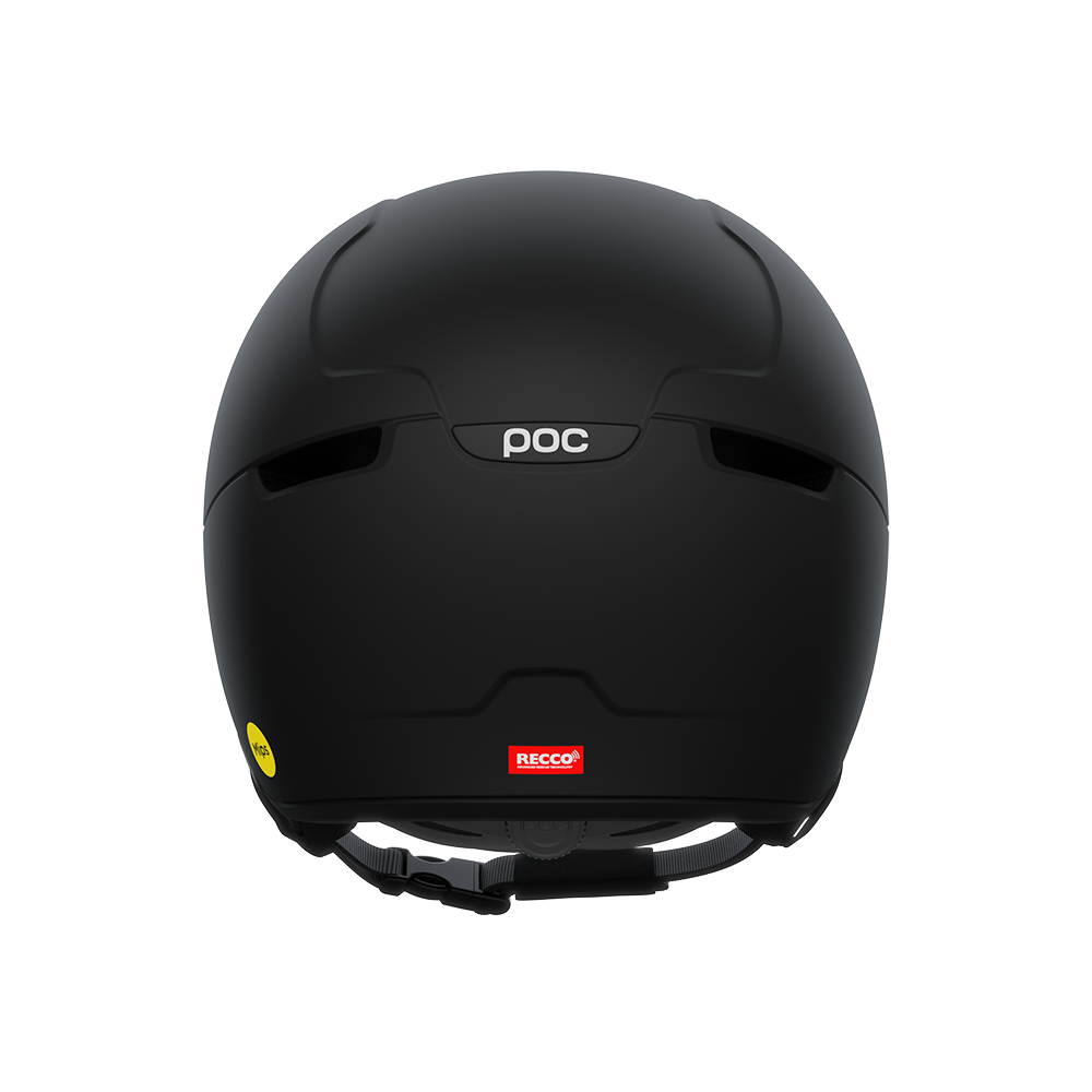 Rear view of a black 2027 POC Obex Visor Ski Helmet featuring an in-mold ABS/EPS shell, integrated frameless Clarity visor lens, adjustable sliding ventilation vents, and a 360° fit system dial.