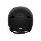 Rear view of a black 2027 POC Obex Visor Ski Helmet featuring an in-mold ABS/EPS shell, integrated frameless Clarity visor lens, adjustable sliding ventilation vents, and a 360° fit system dial.