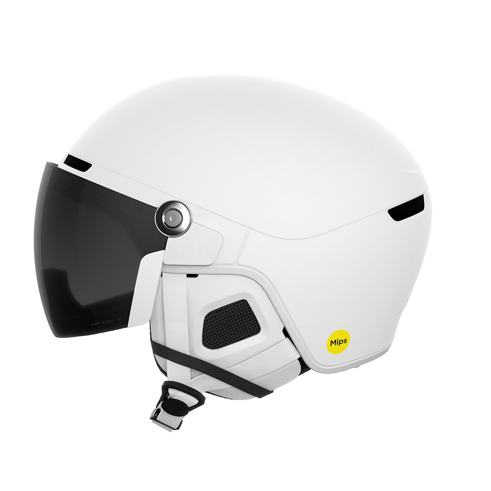 Side view of a white 2027 POC Obex Visor Ski Helmet featuring an in-mold ABS/EPS shell, integrated frameless Clarity visor lens, adjustable sliding ventilation vents, and a 360° fit system dial.