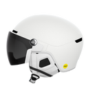 Side view of a white 2027 POC Obex Visor Ski Helmet featuring an in-mold ABS/EPS shell, integrated frameless Clarity visor lens, adjustable sliding ventilation vents, and a 360° fit system dial.