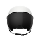 Front view of a white 2027 POC Obex Visor Ski Helmet featuring an in-mold ABS/EPS shell, integrated frameless Clarity visor lens, adjustable sliding ventilation vents, and a 360° fit system dial.