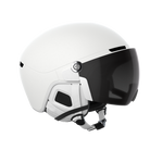 Side view of a white 2027 POC Obex Visor Ski Helmet featuring an in-mold ABS/EPS shell, integrated frameless Clarity visor lens, adjustable sliding ventilation vents, and a 360° fit system dial.