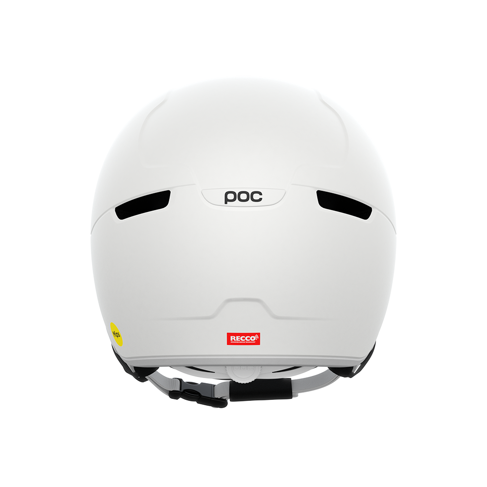 Rear view of a white 2027 POC Obex Visor Ski Helmet featuring an in-mold ABS/EPS shell, integrated frameless Clarity visor lens, adjustable sliding ventilation vents, and a 360° fit system dial.